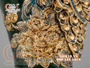 Mai bình Công Đào đắp nổi vẽ vàng 24k, nền xanh lục bảo - cao 55cm