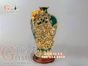 Mai bình Công Đào đắp nổi vẽ vàng 24k, nền xanh lục bảo - cao 55cm