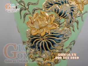 Mai bình Công Đào đắp nổi vẽ vàng 24k, nền xanh ngọc - cao 55cm