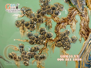 Mai bình Công Đào đắp nổi vẽ vàng 24k, nền xanh ngọc - cao 55cm