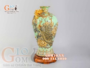 Mai bình Công Đào đắp nổi vẽ vàng 24k, nền xanh ngọc - cao 55cm