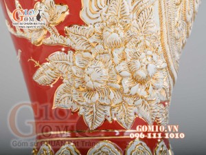 Mai bình Công Đào trắng đắp nổi vẽ vàng 24k, nền đỏ - cao 55cm