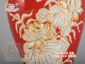Mai bình Công Đào trắng đắp nổi vẽ vàng 24k, nền đỏ - cao 55cm