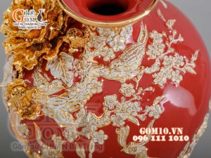 Mai bình Công Đào trắng đắp nổi vẽ vàng 24k, nền đỏ - cao 55cm