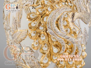 Mai bình Công Đào trắng đắp nổi vẽ vàng 24k, nền trắng - cao 55cm