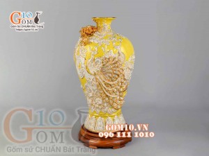 Mai bình Công Đào trắng đắp nổi vẽ vàng 24k, nền vàng - cao 55cm