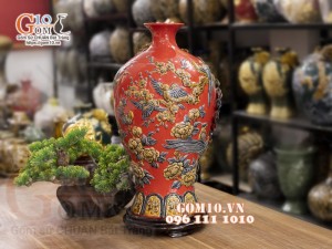 Mai bình đắp nổi Chim hoa, nền đỏ, cao 52cm