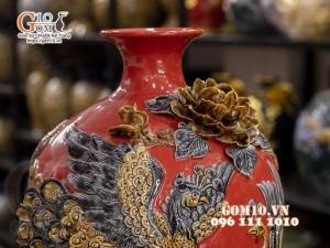 Mai bình đắp nổi Chim hoa, nền đỏ, cao 52cm