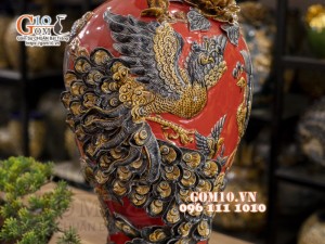 Mai bình đắp nổi Chim hoa, nền đỏ, cao 52cm