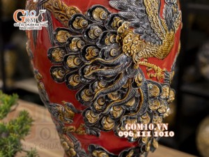 Mai bình đắp nổi Chim hoa, nền đỏ, cao 52cm