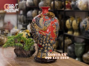 Mai bình đắp nổi Chim hoa, nền đỏ, cao 52cm