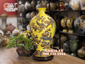 Mai bình đắp nổi Chim hoa, nền vàng, cao 52cm