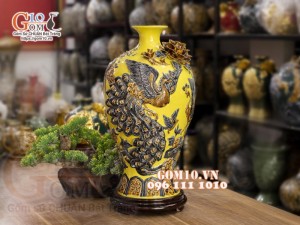 Mai bình đắp nổi Chim hoa, nền vàng, cao 52cm