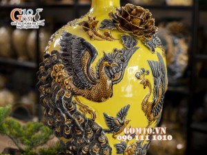 Mai bình đắp nổi Chim hoa, nền vàng, cao 52cm