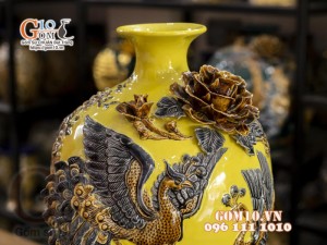 Mai bình đắp nổi Chim hoa, nền vàng, cao 52cm