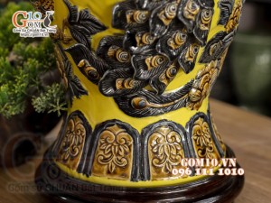 Mai bình đắp nổi Chim hoa, nền vàng, cao 52cm