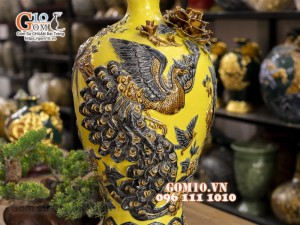 Mai bình đắp nổi Chim hoa, nền vàng, cao 52cm
