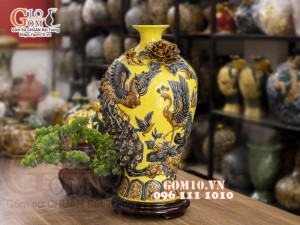 Mai bình đắp nổi Chim hoa, nền vàng, cao 52cm