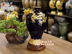 Mai bình đắp nổi dát vàng Thuận buồm xuôi gió, nền xanh than cao 50cm