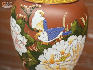 Mai bình gốm đất đỏ khắc nổi Chim Hoa, cao 45cm