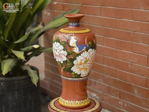 Mai bình gốm đất đỏ khắc nổi Chim Hoa, cao 45cm