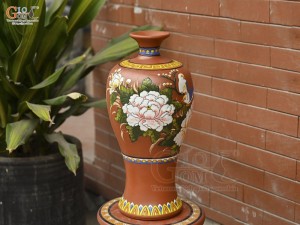 Mai bình gốm đất đỏ khắc nổi Chim Hoa, cao 45cm