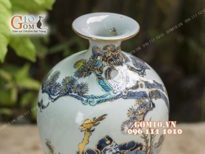 Mai bình men lam cổ cảnh Phúc Như Đông Hải - Thọ Tỉ Nam Sơn, cao 50cm - vẽ Vàng 24k