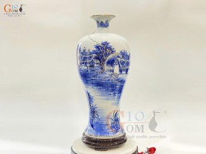 Mai bình men lam cổ vẽ cảnh Đồng Quê vẽ vàng 24k, cao 42cm 