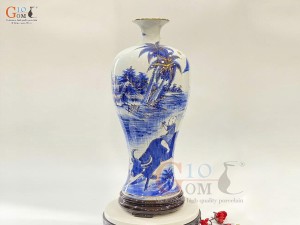 Mai bình men lam cổ vẽ cảnh Đồng Quê vẽ vàng 24k, cao 42cm 