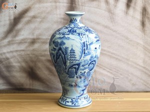 Mai bình men lam cổ vẽ cảnh Sơn Thủy, cao 33cm