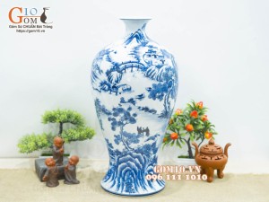 Mai bình men lam cổ vẽ cảnh Sơn Thủy Hữu Tình, cao 52cm