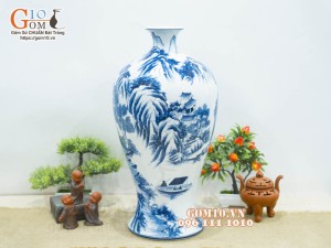 Mai bình men lam cổ vẽ cảnh Sơn Thủy Hữu Tình, cao 52cm