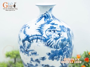 Mai bình men lam cổ vẽ cảnh Sơn Thủy Hữu Tình, cao 52cm