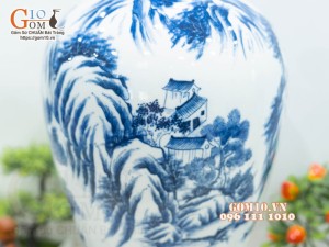 Mai bình men lam cổ vẽ cảnh Sơn Thủy Hữu Tình, cao 52cm