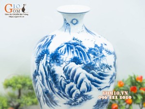 Mai bình men lam cổ vẽ cảnh Sơn Thủy Hữu Tình, cao 52cm