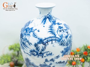 Mai bình men lam cổ vẽ cảnh Sơn Thủy Hữu Tình, cao 52cm