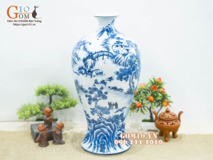 Mai bình men lam cổ vẽ cảnh Sơn Thủy Hữu Tình, cao 52cm