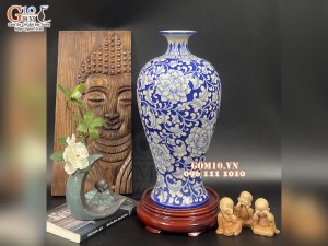 Mai bình men lam cổ vẽ hoa Phù Dung, cao 36cm