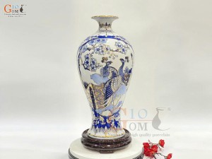 Mai bình men lam họa tiết Thuận Buồm Xuôi Gió & Công Danh Phú Quý, vẽ vàng 24k, cao 38cm