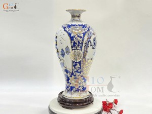 Mai bình men lam họa tiết Thuận Buồm Xuôi Gió & Công Danh Phú Quý, vẽ vàng 24k, cao 38cm