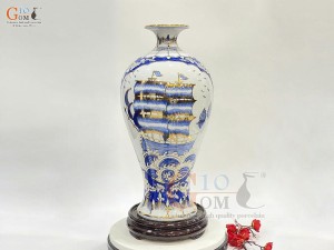 Mai bình men lam họa tiết Thuận Buồm Xuôi Gió & Công Danh Phú Quý, vẽ vàng 24k, cao 38cm