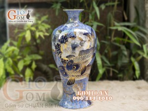 Mai bình men lam vẽ Chép Sen 44cm, vẽ vàng