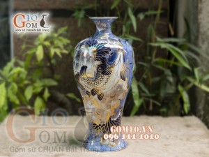 Mai bình men lam vẽ Chép Sen 44cm, vẽ vàng