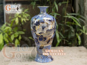 Mai bình men lam vẽ Chép Sen 44cm, vẽ vàng