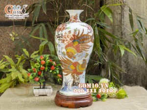 Mai bình men lam vẽ vàng 24k, cảnh Trĩ Đào Như Ý, cao 42cm