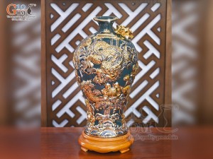 Mai bình men màu đắp nổi Cá Chép Vượt Vũ Môn vẽ vàng 24k, cao 35cm