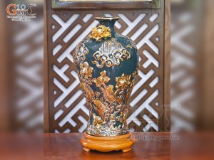 Mai bình men màu đắp nổi Cá Chép Vượt Vũ Môn vẽ vàng 24k, cao 35cm