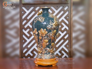 Mai bình men màu đắp nổi Cá Chép Vượt Vũ Môn vẽ vàng 24k, cao 35cm