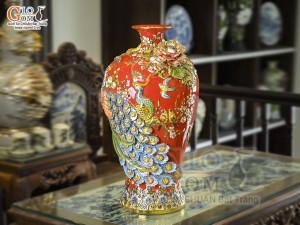 Mai bình men màu đắp nổi Công Đào Phú Quý vẽ vàng 24k nền đỏ, cao 52cm
