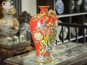Mai bình men màu đắp nổi Công Đào Phú Quý vẽ vàng 24k nền đỏ, cao 52cm